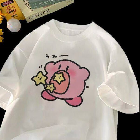 Cute White Kirby Anime Graphic T-Shirt, Kawaii Y2K Aesthetic Gaming Tee, Casual Oversized Short Sleeve Top 34