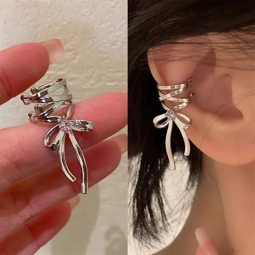 Silver Bow Ear Cuffs for Women, Non-Piercing Ribbon Bowknot Ear Clips, Cute Pink Crystal Balletcore Aesthetic Cartilage Earrings