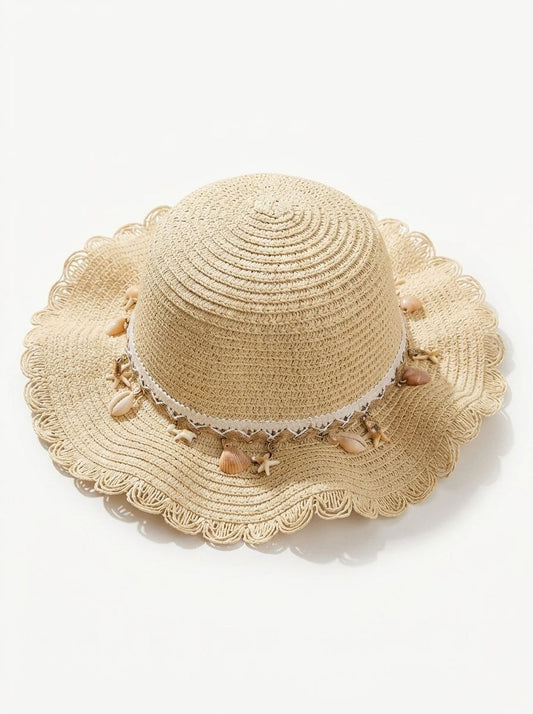 kids girl Woven Straw Sun Hat  cap with Scalloped Brim, Boho Summer Beach Hat with Seashell and Starfish Charms Ornament