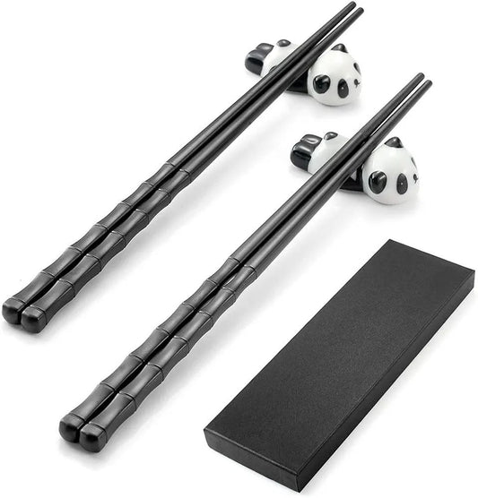 2 Pairs Panda Chopsticks Reusable,Dishwasher Safe Fiberglass Chopsticks With Ceramic Panda Rest Set,Chop Sticks for Sushi Noodles Rice,Chopstick Gift Set for Food Lovers