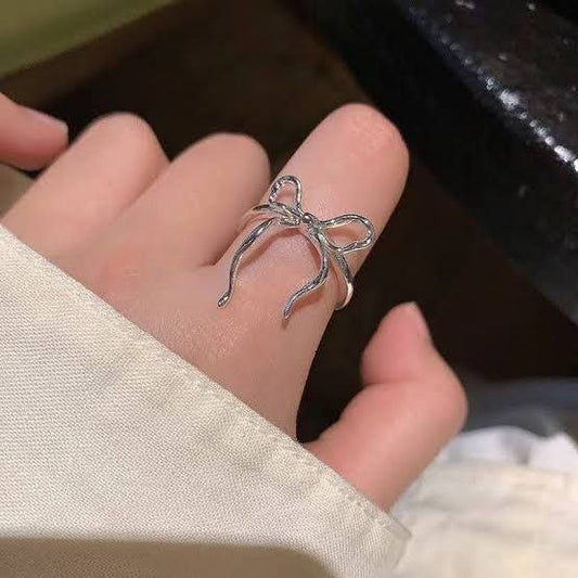 Silver Bow Ring for Women, Adjustable Open Ribbon Bowknot Ring, Cute Dainty Balletcore Coquette Aesthetic Finger Jewelry Gift